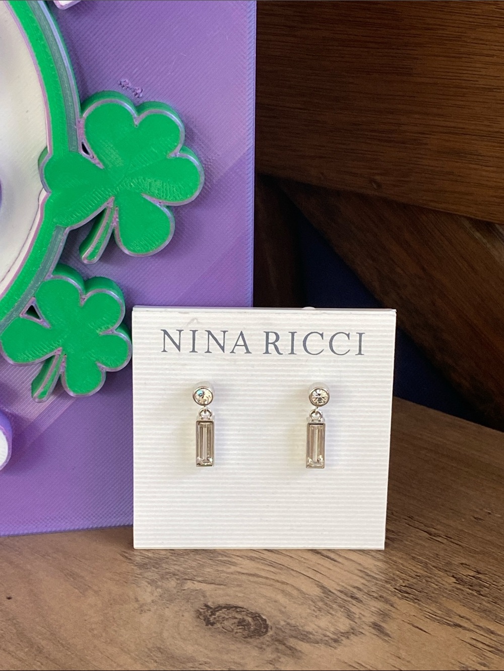 Nina Ricci Silver Clear Baguette Drop Earrings